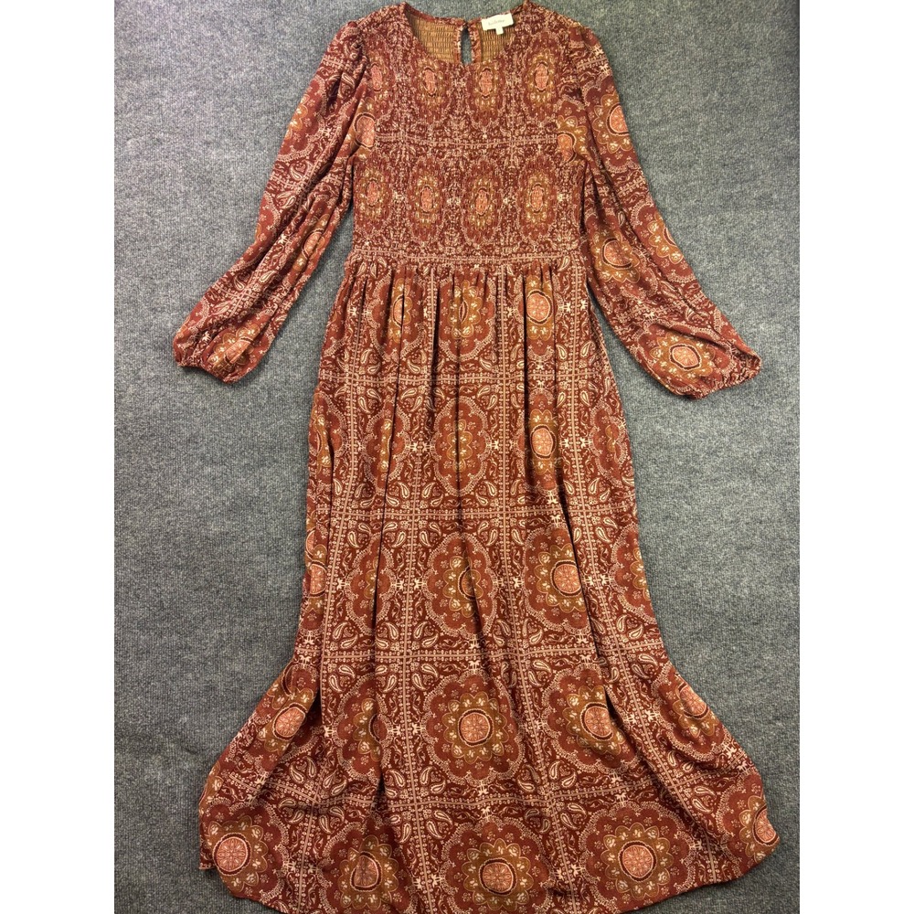 Bohme Maxi Dress Womens L Rust Orange Paisley Smocked Long Sleeve Boho Chiffon